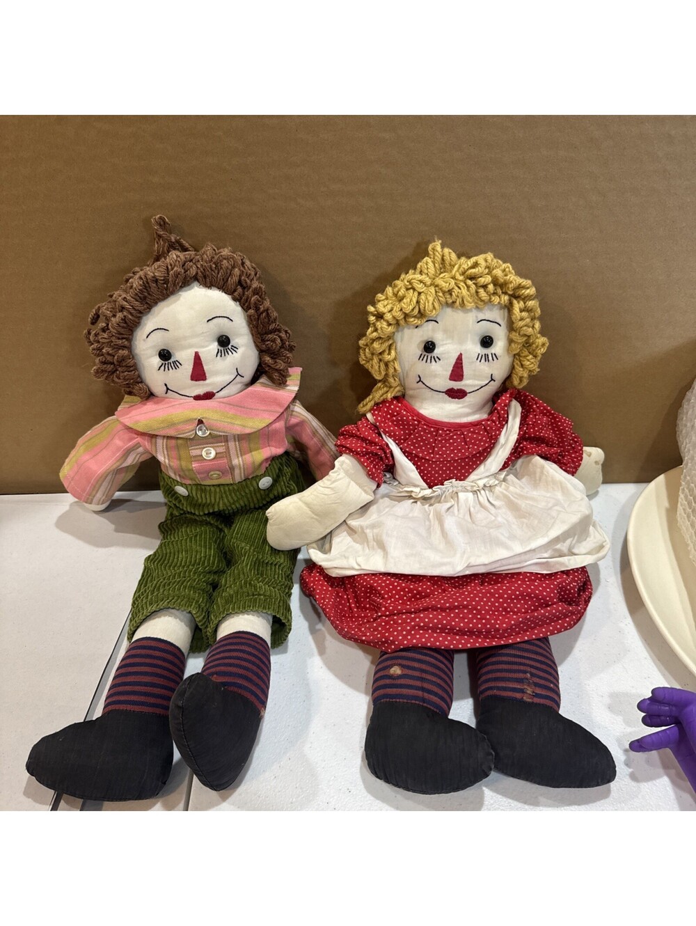 Vintage Raggedy Ann & Andy 18" Hand Made Cloth Body Dolls- see pics. needs tlc